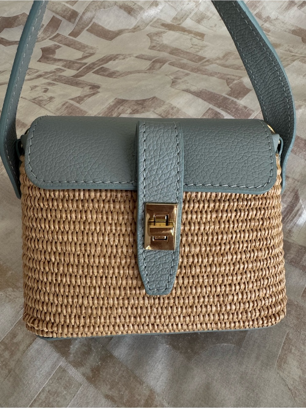 Woven Straw Crossbody Bag with Blue-Gray Leather Trim